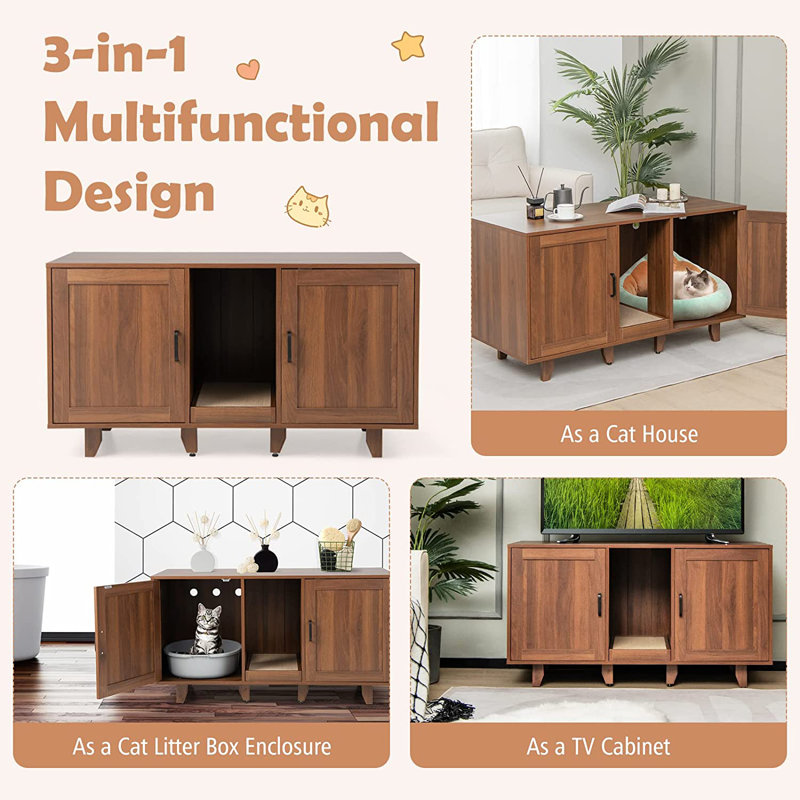 Enceinte de litière pour 2 bacs à litière, table de bout pour meuble télé pour chat caché avec 2 armoires, tableau à gratter, litière d'intérieur pour chat