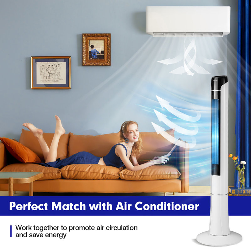 White 48" Bladeless Oscillating Tower Fan with Remote