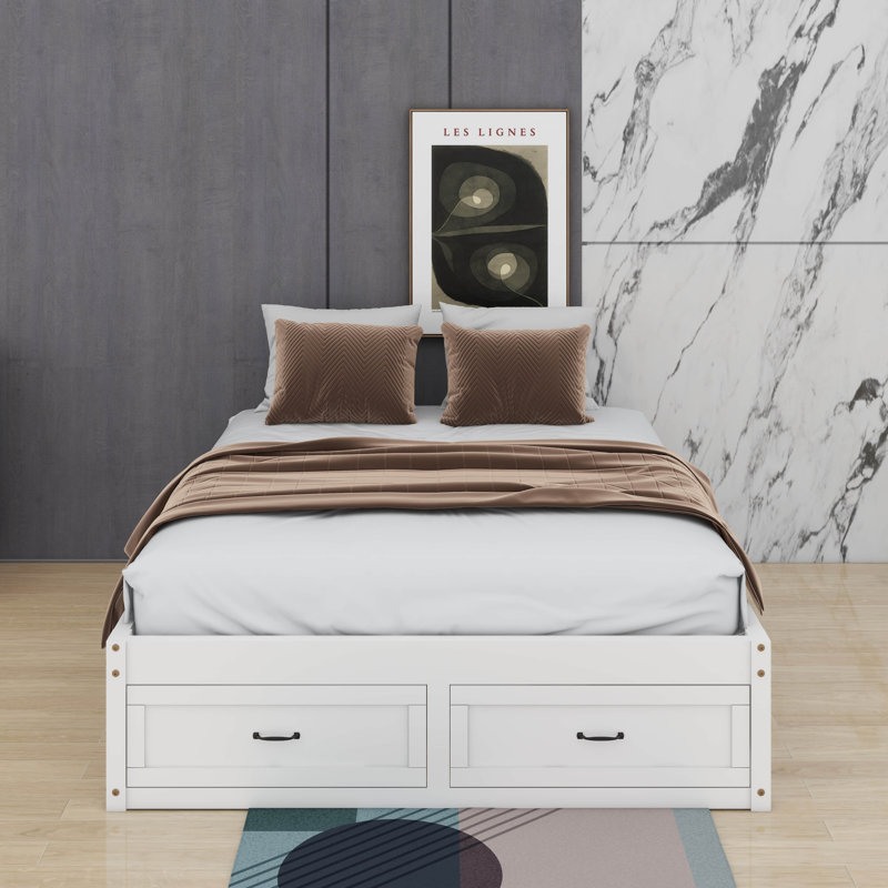 Grand lit plateforme avec tiroirs, Blanc antique