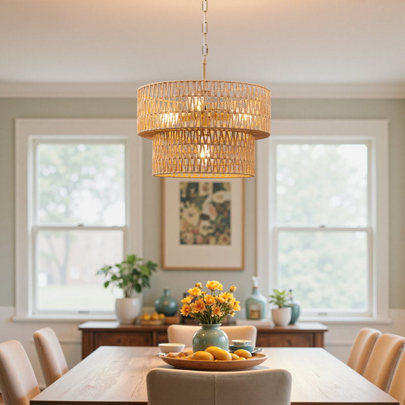 Lustre tambour en rotin tissé à la main à 4 lumières de 17,7 po