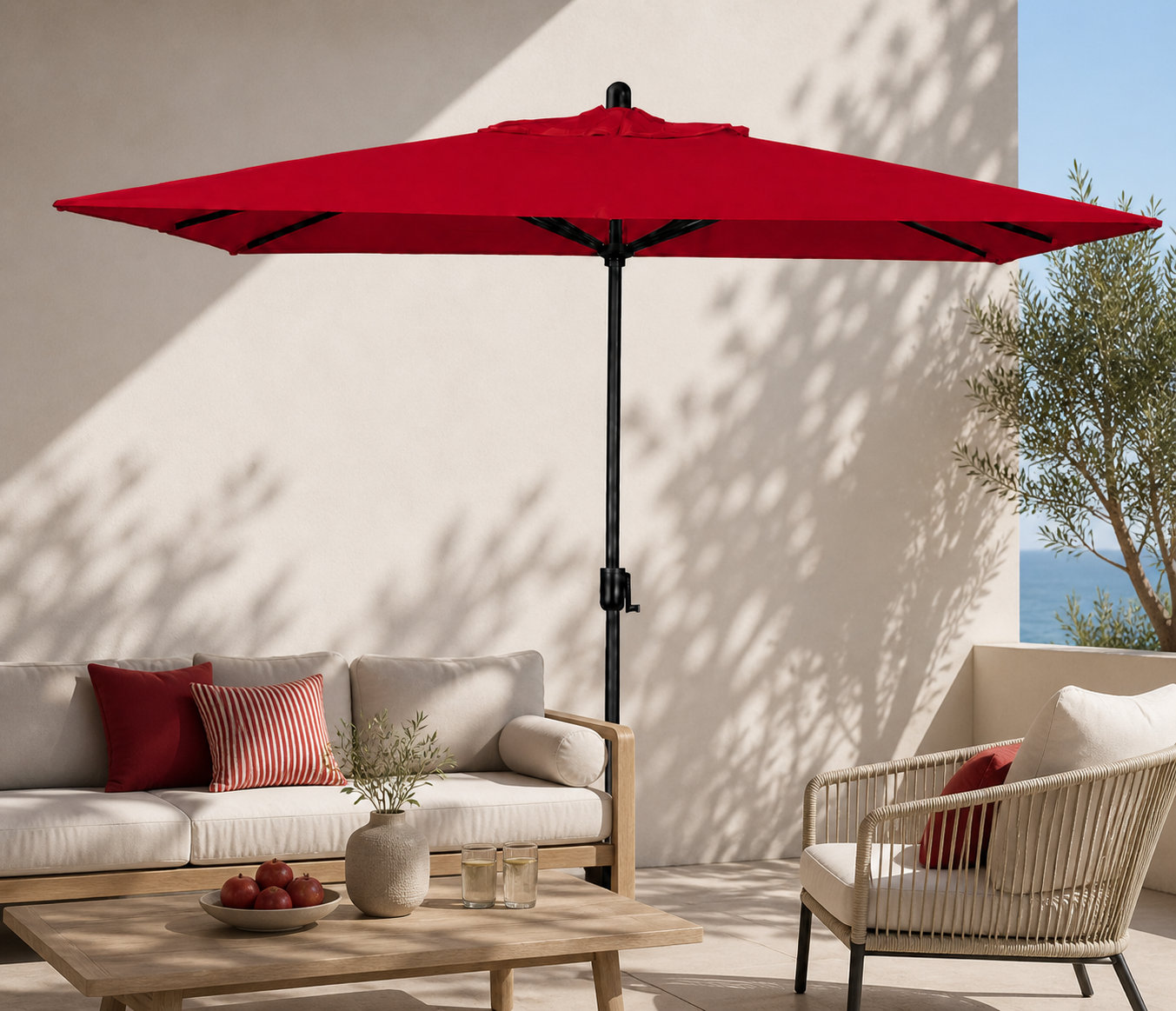 Olivier 9.7' Umbrella, Black Sapphire, Canvas Jockey Red Sunbrella® Canvas