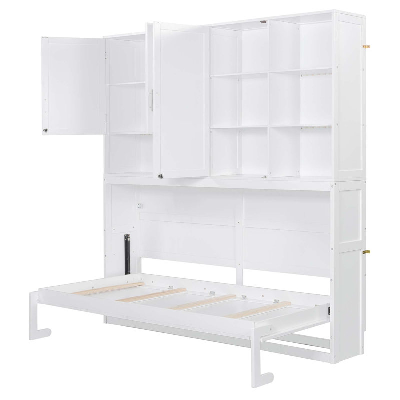 Lit escamotable mural simple avec armoire supérieure, tablettes, lit pliable peu encombrant avec lumière et USB, Blanc