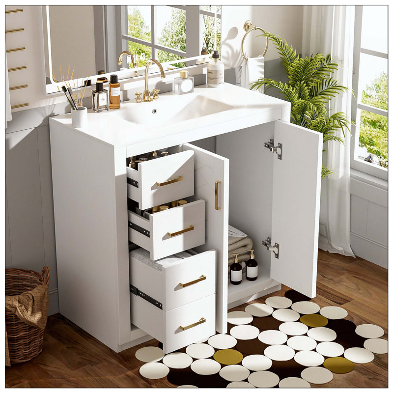 Porte de meuble-lavabo autoportant en céramique avec tiroirs en bois massif à fermeture en douceur, White