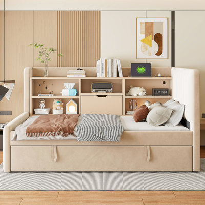 Beige Twin Daybed With Trundle, Storage Shelves, & Outlet, A Functional Solution For Shared Rooms Size Upholstered In Beige, Trundle Extra Sleeping, Built - And Charging Guest