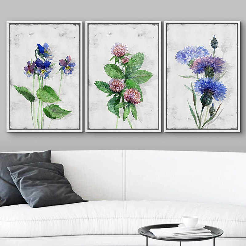«Blue Pink Flowers», ensemble de 3 reproductions sur toile, H 36 po x l 72 po x P 1,5 po, Cadre flottant blanc