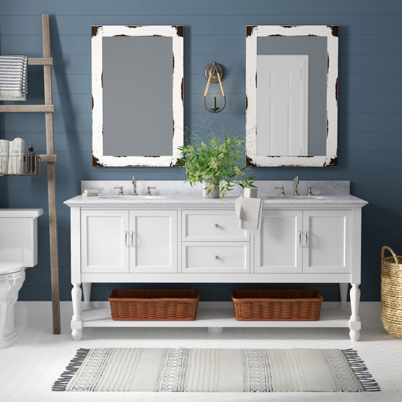 Hampton 72'' Double Bathroom Vanity with Top, White, Carrara Marble