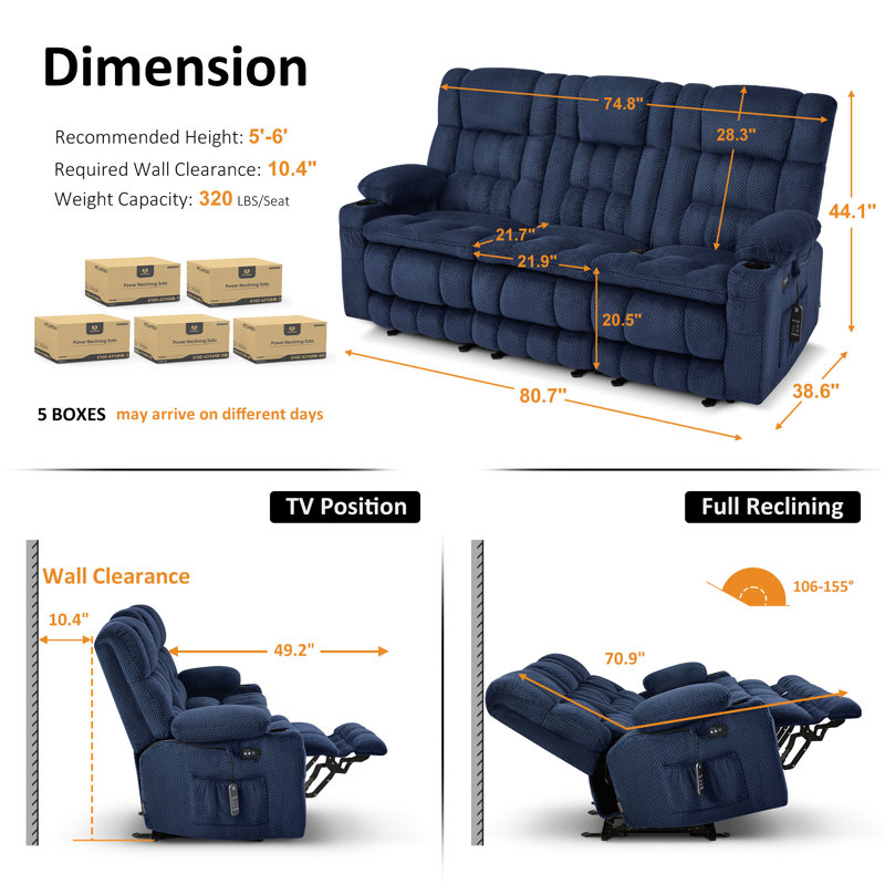 3-Seat Power Reclining Sofa with Heat and Vibration Massage, Zero Gravity Recliner Sofa, Navy Blue