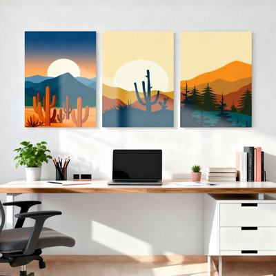 «Desert Sunset Cactus Mountain Landscape», ensemble de 3 reproductions d'art sur toile tendues
