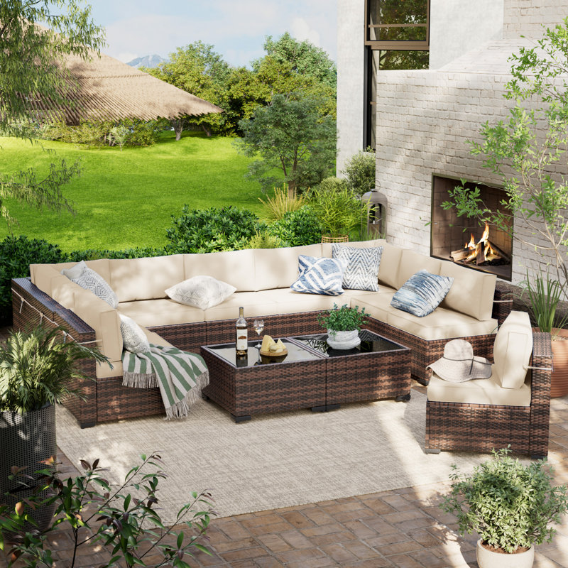 10 - Person Outdoor Seating Group With Cushions, White