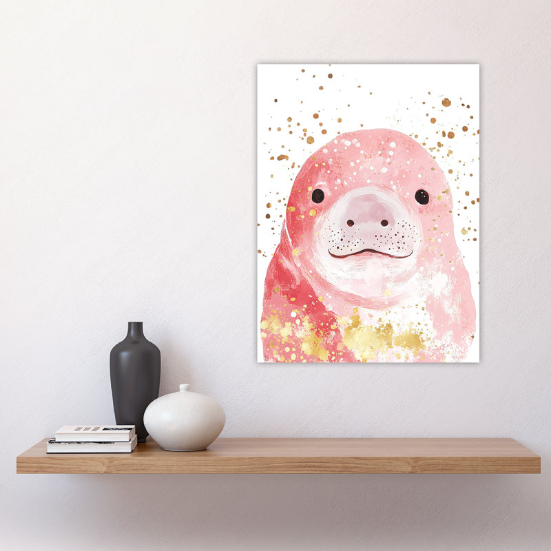 Cute Baby Manatee Pink Paint Splatter Wall Art Print
