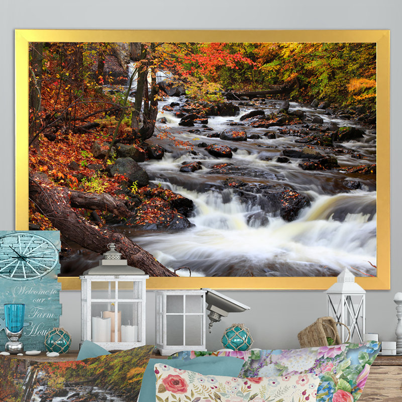 «Water Falls In Autumn Forest», reproduction d'art sur toile, Impression dorée sur toile encadrée, H 12 po x l 20 po x P 1 po