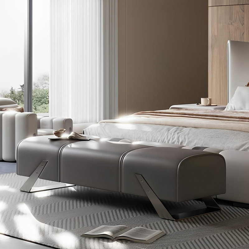 Banc rembourré en cuir véritable, H 16,53 po x l 66,92 po x P 17,71 po