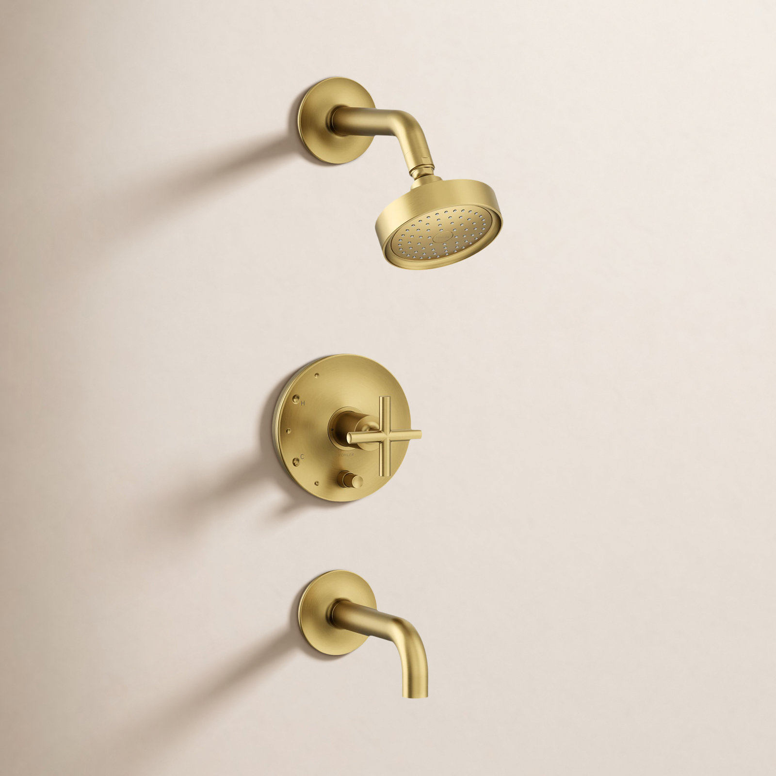 Purist Rite-Tub and Shower Faucet, Cross Handle, Vibrant Brushed Moderne Brass