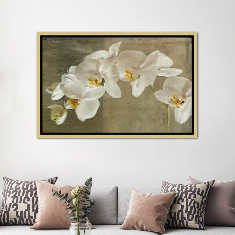 Orchidée peinte - reproduction d'art, Toile encadrée d'or, H 40 po x l 60 po x 1,5 po