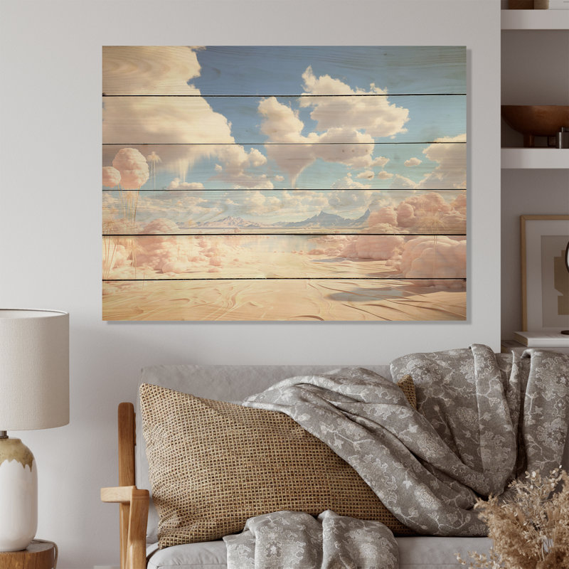 Marshmallow Mirage Fluffy Cloud I - nuages, art mural sur bois de pin naturel, H 10 po x l 20 po
