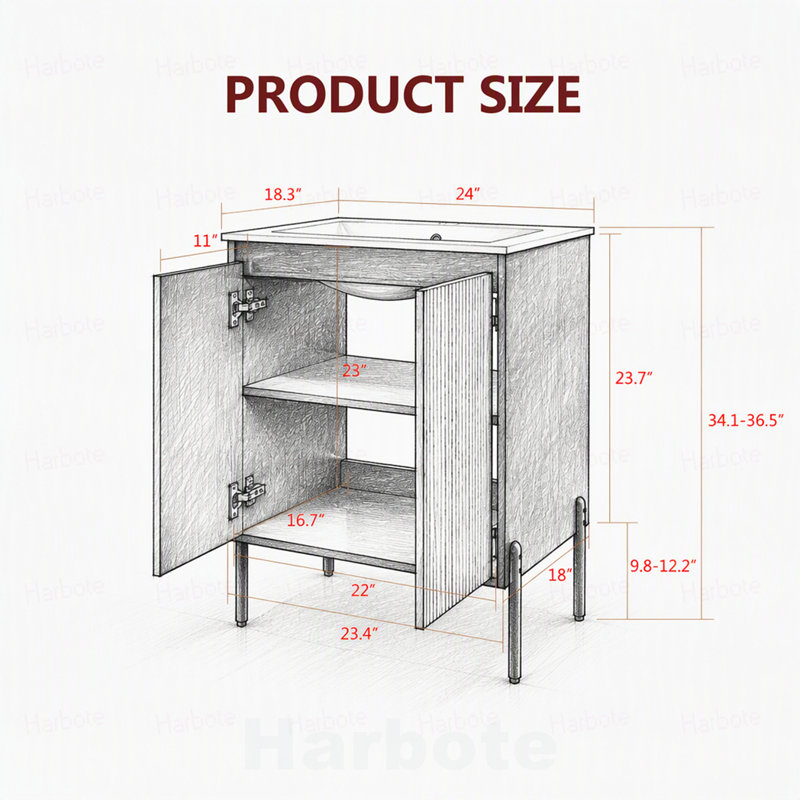 Base de meuble-lavabo de 24 po seulement, autoportante ou murale avec portes doubles à fermeture douce et tablette réglable, pieds en aluminium, armoire seulement