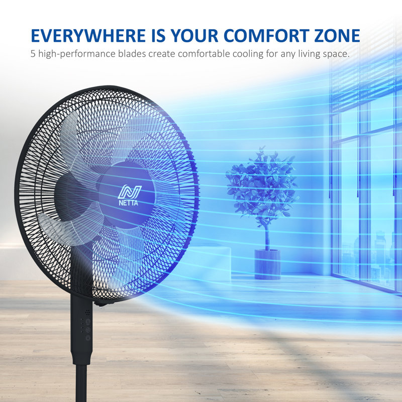 NETTA 16″ Pedestal Fan with Remote Control, 3 Speeds, 7‑Hour Timer & Oscillation, Adjustable Height, Black