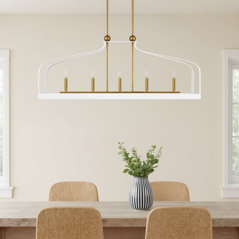 Kenmore 5 - Light Kitchen Island Rectangle Chandelier in White/Gold, White/Gold
