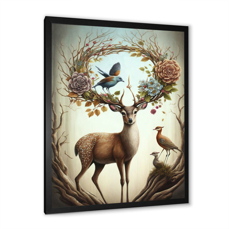 " Deer With Blooming Antlers IV ", 44" H x 34" W x 1.5" D, Black Closed Corner Framed Canvas
