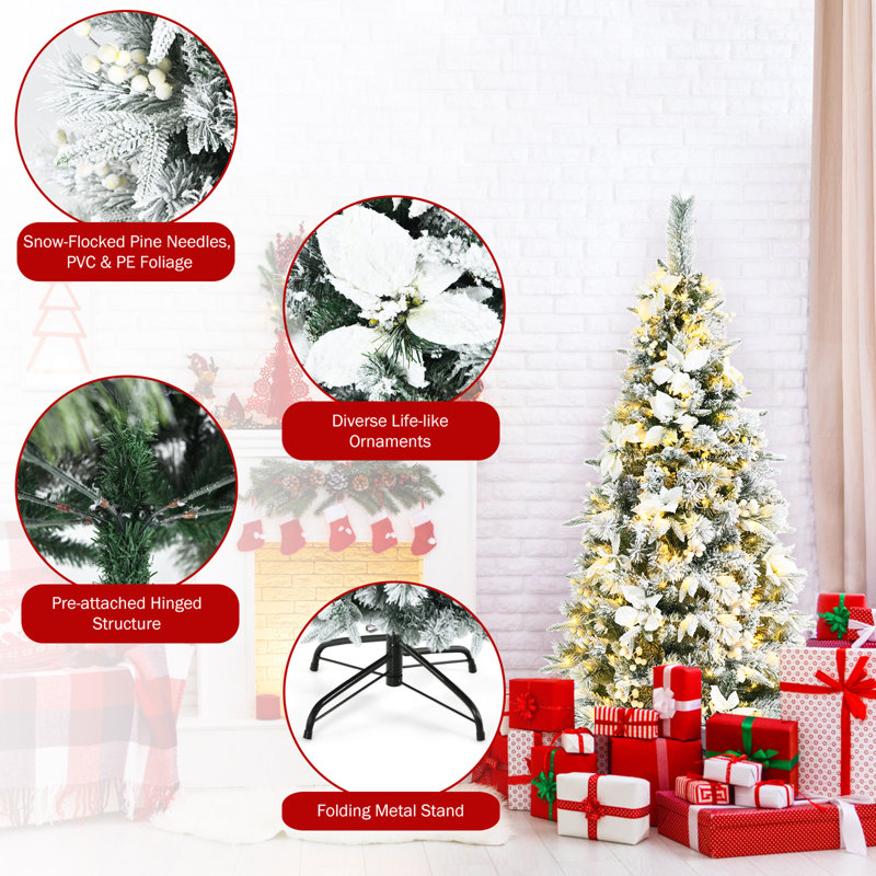 Arbre de Noël blanc effilé et effilé avec lumières DEL et fleurs, H 5 pi