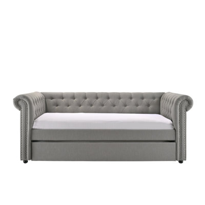 Luxurious 1Pc Modern Aesthetic Beautifully Button Tufted Nailhead Trim Design Daybed Built-In Pull-Out Trundle Bed Living Space Guest Room Bedroom