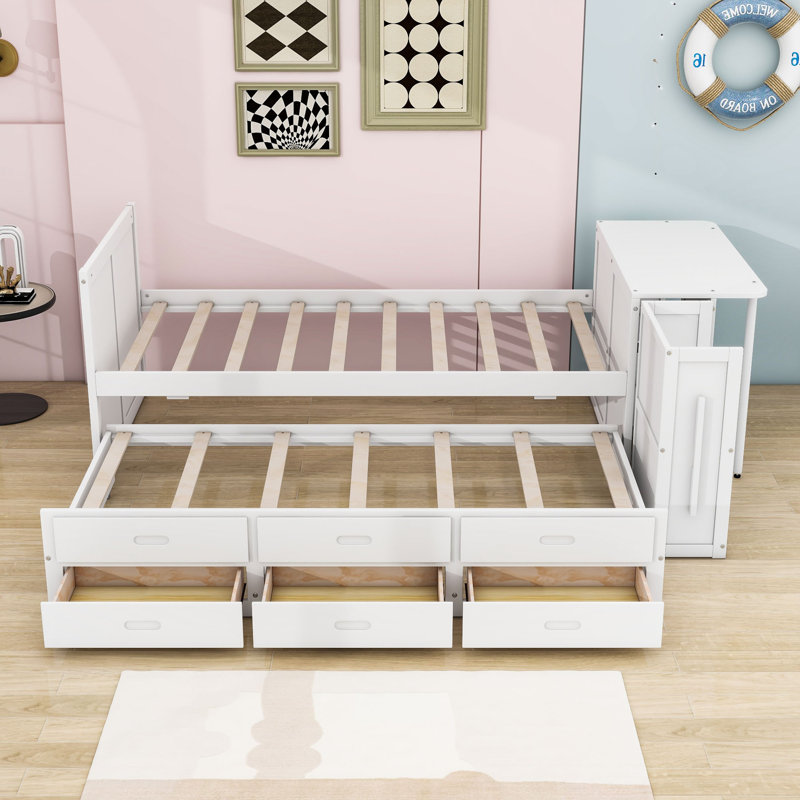 Merlin Twin Three Drawers Wood Platform Bed with Desk,Built-in Trundle and Storage Shelf, White