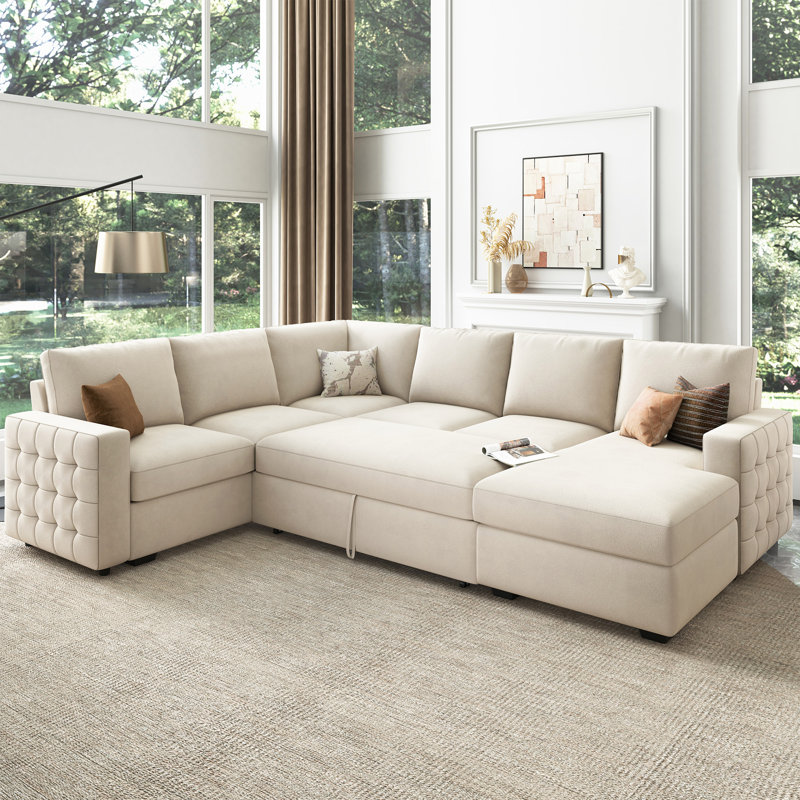 Hildur U-Shaped Sectional Sofa Bed Pull Out Sleeper Couch With Storage Chaise, Beige Velvet