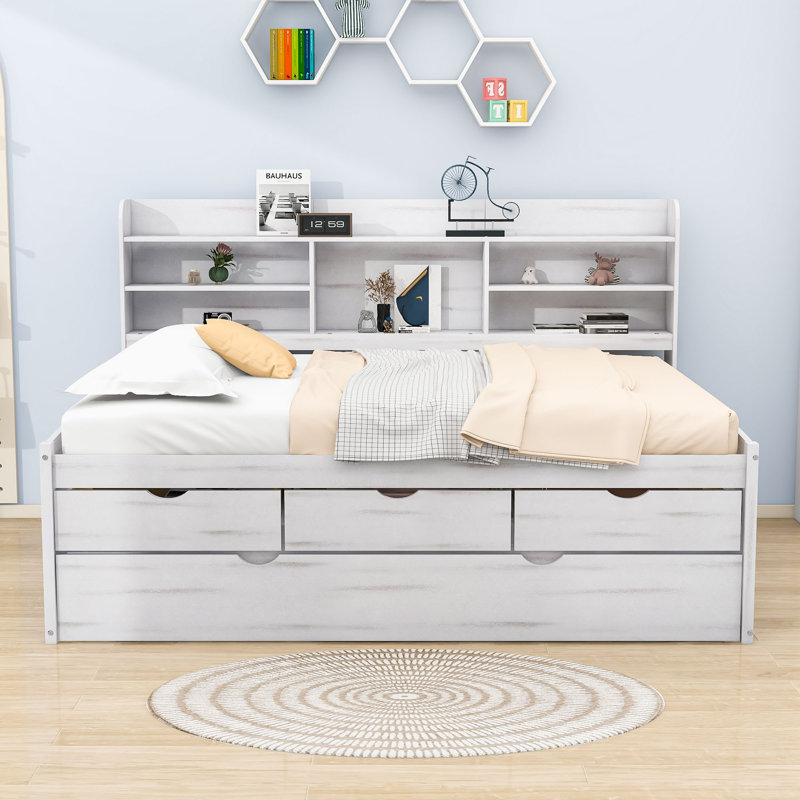 3 Drawers Wood Platform Bed with Shelves and Trundle, Full, White
