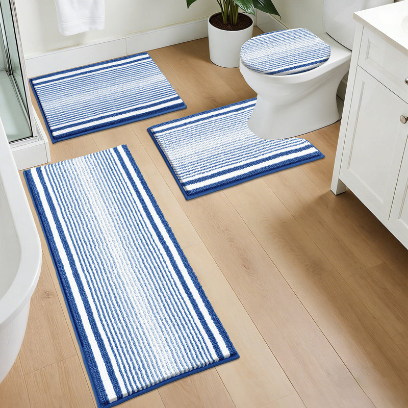 Ensemble de 4 tapis de bain en microfibre absorbante douce avec envers antidérapant (ensemble de 4), Bleu / blanc