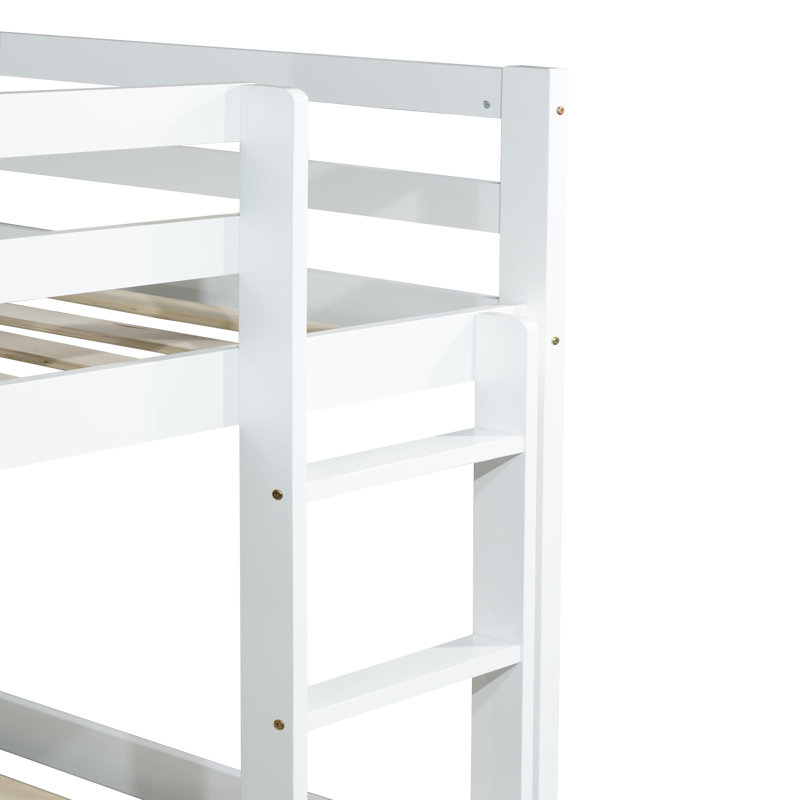 Low Twin Bunk Bed With Ladder & Guardrails, Solid Rubber Wood, White