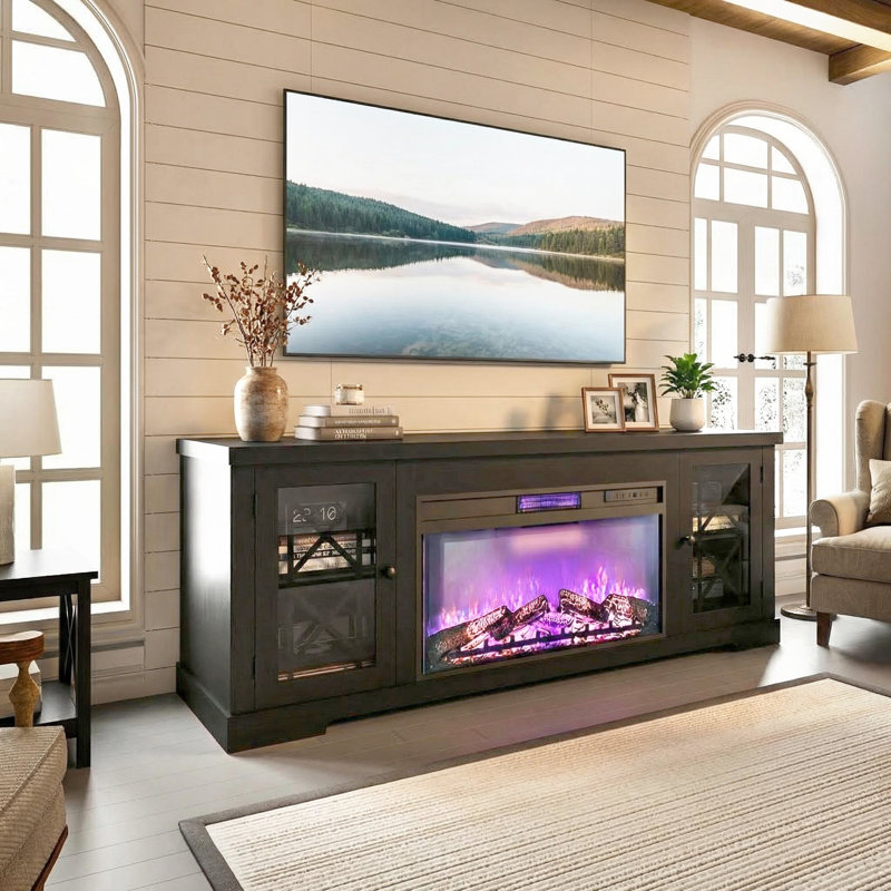 Meuble télé 70 po avec foyer moderne 36 po - Flammes DEL - Armoires et portes de rangement - Convient jusqu'à 80 po - Console de divertissement en panneau de fibres à densité moyenne - Conception peu encombrante