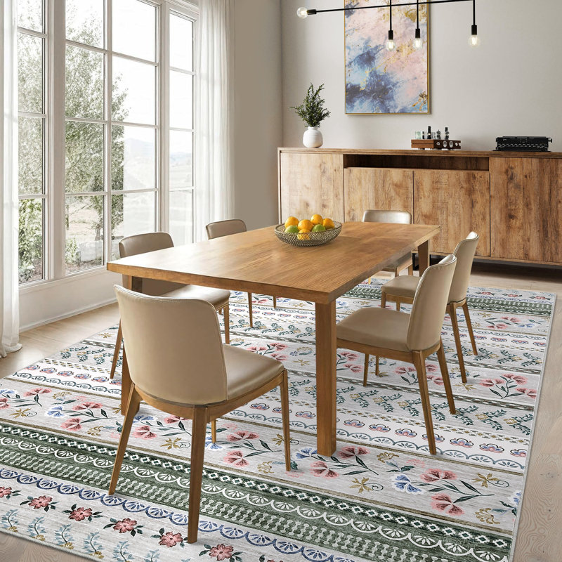 Floral Machine Washable Rug with Rubber Non-Slip Backing for Living Room, Dining Room, Bedroom, Office & Playroom