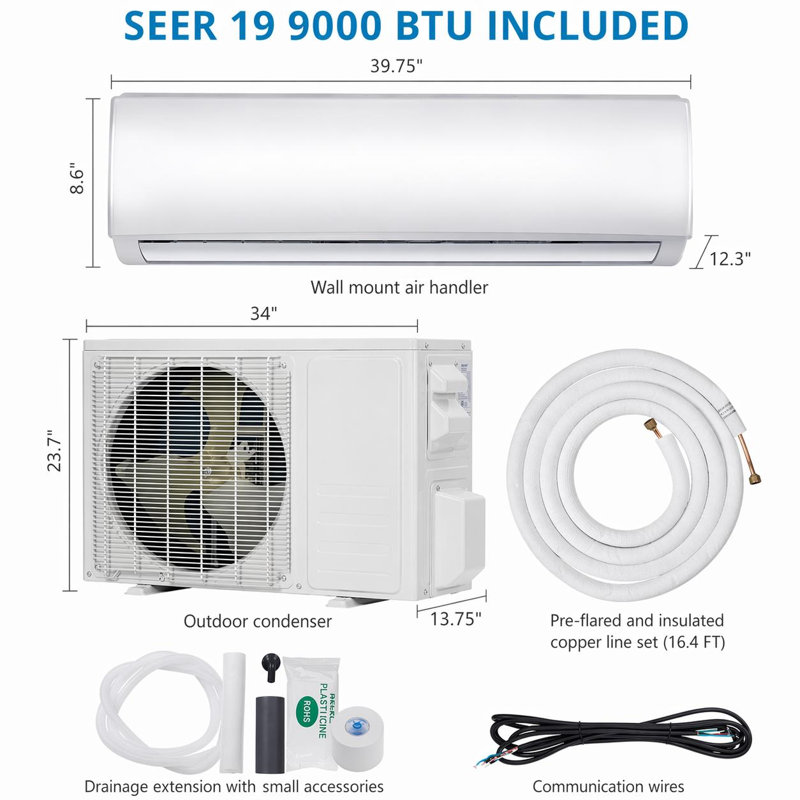 21 SEER2 18000 BTU Mini pompe à chaleur et climatisation divisée, refroidit / chauffe jusqu'à 1000 pieds carrés, 230 V