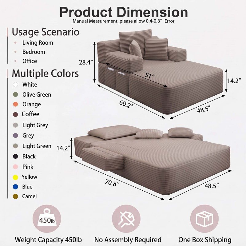 Ensemble 2 pièces de chaise longue en velours côtelé désossé, canapé-lit convertible avec poches latérales - aucun assemblage requis