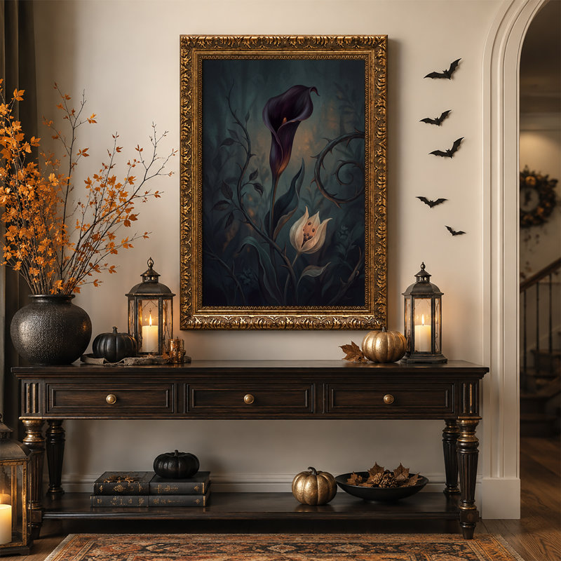 " Dark Purple Calla Lily And Thorny Vines In Moody Halloween " Painting Print, H 30 po x l 20 po