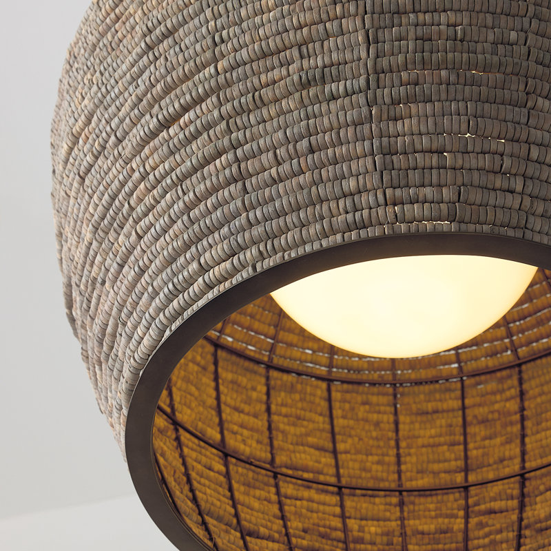 23" W x 27.5" H 1-Light Intricate Beaded Vase Pendant with Handcrafted Wooden Beads in Aegean Grey and Dark Brass with Inner Glass Globe and Decorative Designer Chain