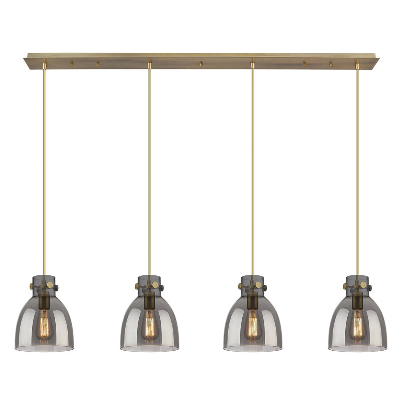 Luminaire suspendu en forme de cloche à 4 lumières Amrith, Laiton brossé, Gris fumée clair