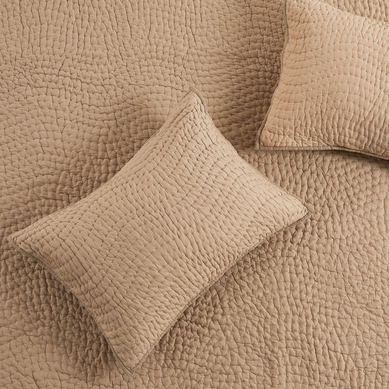 Cotton Wave Hand Stitch Voile Quilt Set, Tan, Queen Quilt + 2 Standard Shams