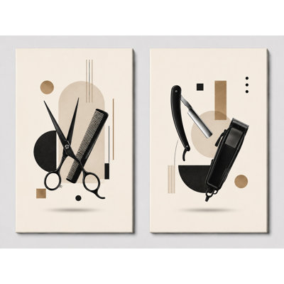Très grand ensemble de 2 outils de coiffeur minimalistes, impression sur toile, ciseaux, peigne, rasoir, tondeuse, salon de coiffure moderne, impression sur toile 24 x 36 pouces - prête à être accrochée
