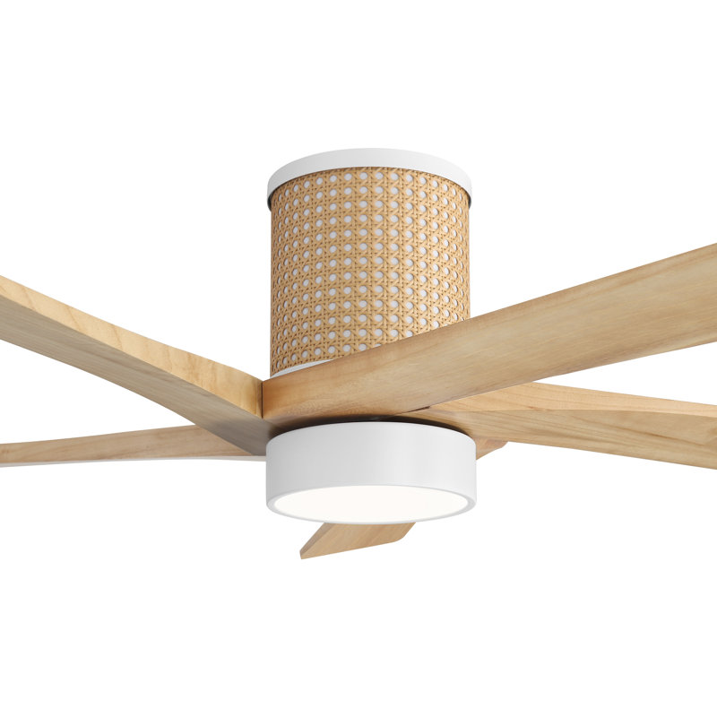 5 Solid Wood Blades Woven Rattan Cover Dc Motor Indoor Flush Mount Ceiling Fan Remote Integrated Led, 48" Wide