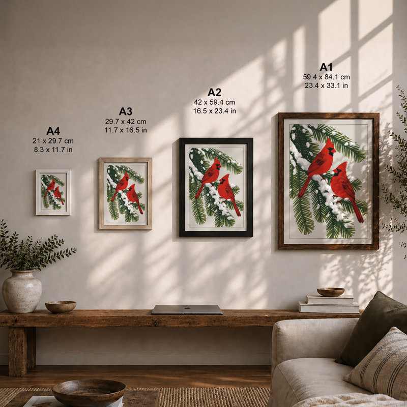 Winter Cardinals Botanical - Framed Print, Walnut, A4 - 29.7 x 21.0 cm