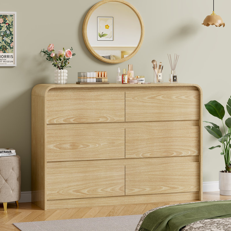 47.3" Modern 6 Drawer Dresser with Rounded Corners, Natural Wood Finish Double Dresser for Bedroom and Living Room