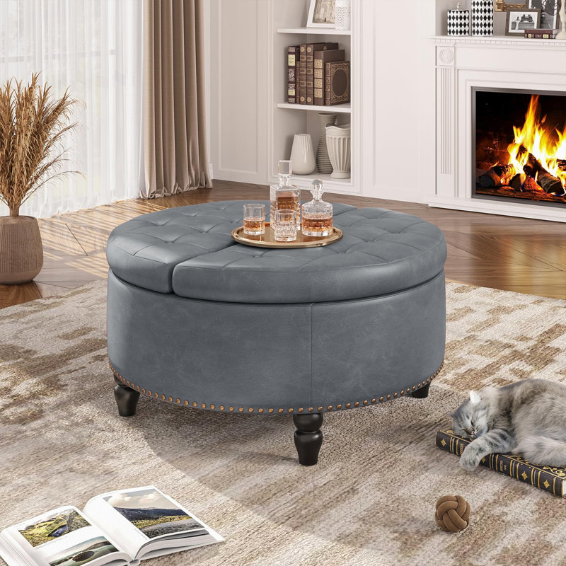 Repose-pieds rond avec rangement et plateau relevable, Gris