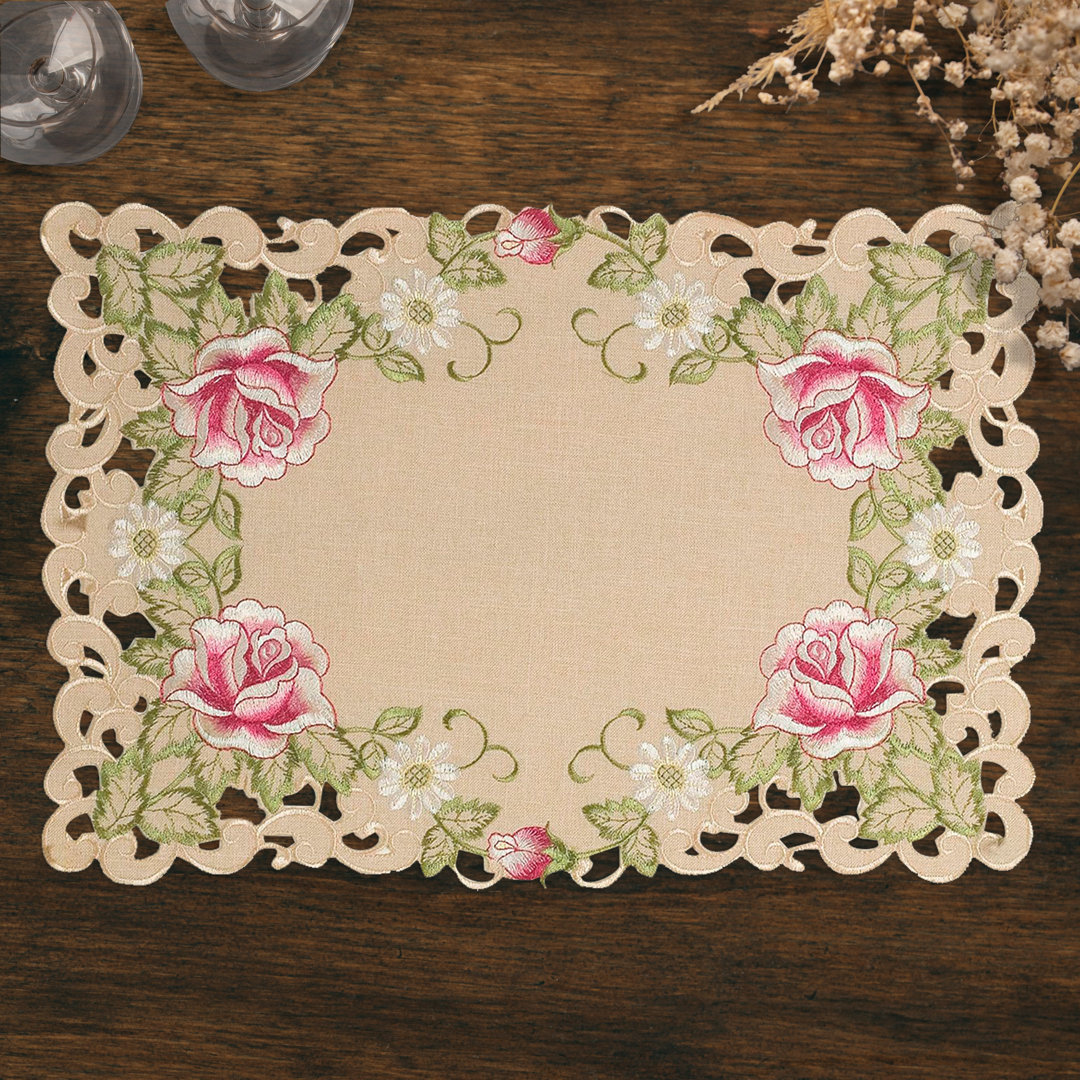 Adda Elegant Beige Table Placemats Set with Floral Embroidery for Elegant Dining and Home Table Decor (Set of 4) Ophelia & Co.