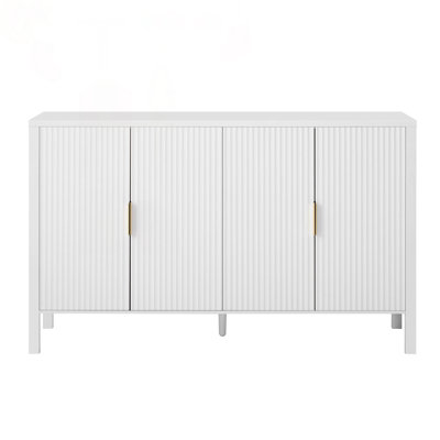 Armoire de rangement moderne à portes rayées de 57,5 pouces, buffet à 4 portes avec supports à l'arrière et crochets latéraux, tablettes réglables, panneau de fibres à densité moyenne avec poignées en aluminium pour le salon et la salle à manger