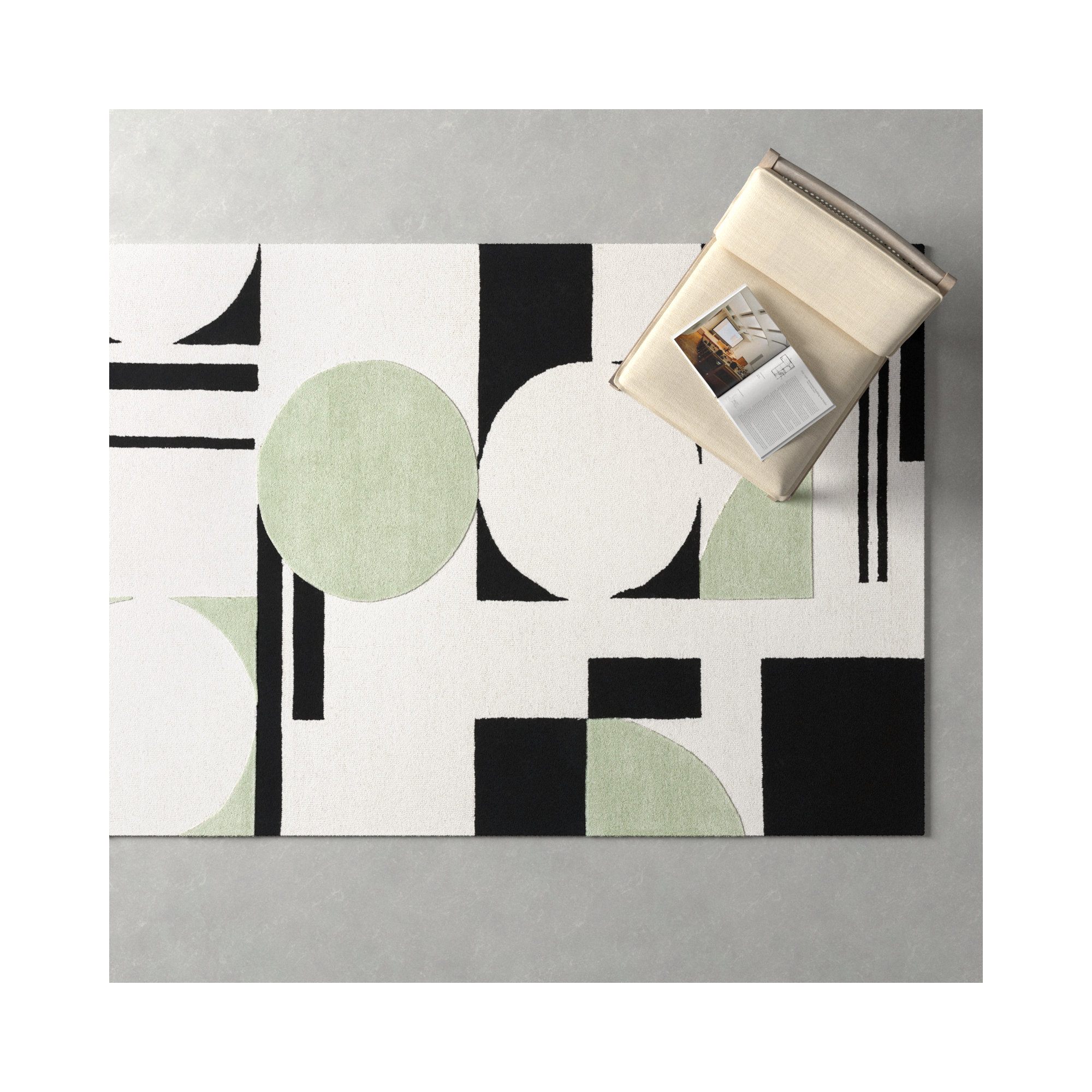 Felipe Handmade Wool Green / Black/ White Rug, Rectangle 6' x 9'