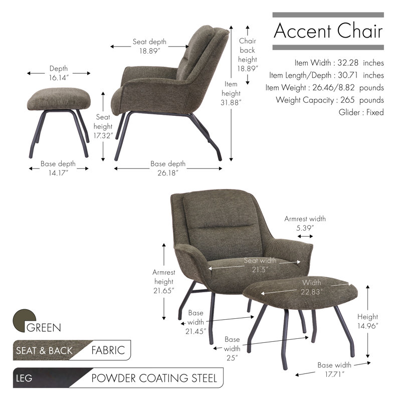 Caicedo Fabric Upholstered Accent Chair with Ottoman, Green Polyester Blend