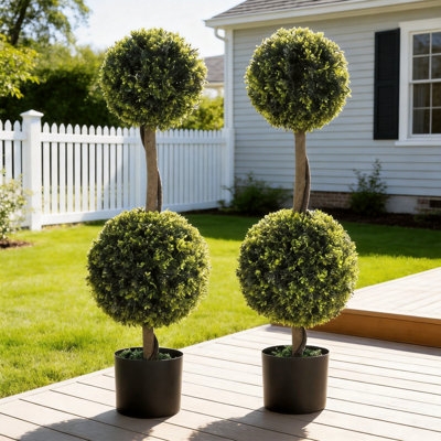 34" Artificial Topiary Boxwood Tree Double Ball in Black Pot (Set of 2), Faux Greenery Potted Plant for Indoor/Outdoor Entryway, Patio, and Home Decor