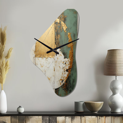 Voinea Gold And Green Paint Fusion I - Abstract Painting Asymmetrical Metal Wall Clock, Beige Unique Shape Metal Clock Print