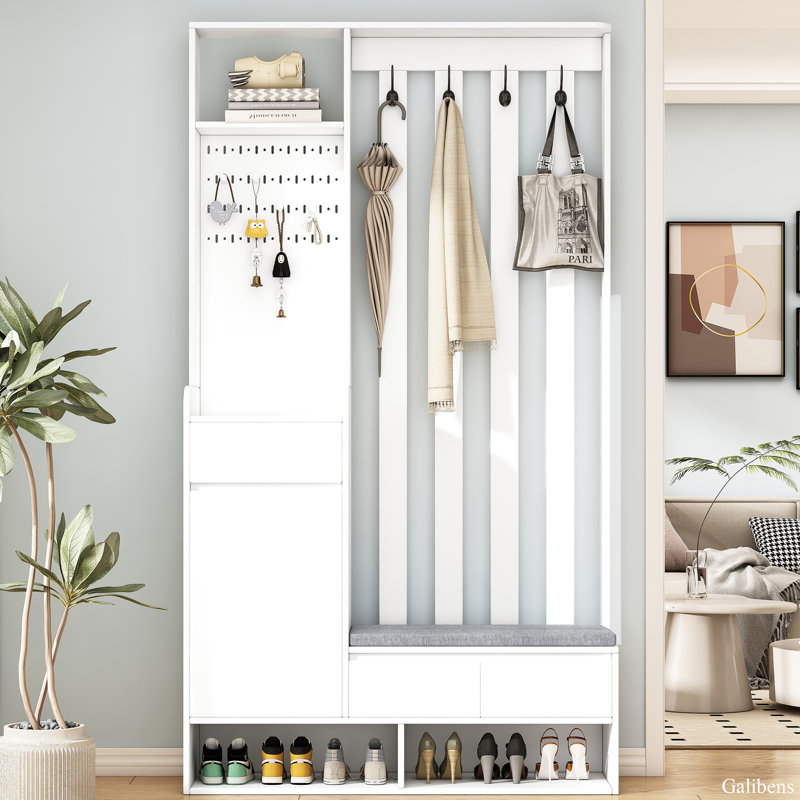 Arbre d'entrée contemporain avec banc de rangement pour chaussures rembourré, panneau perforé et 4 crochets, Blanc